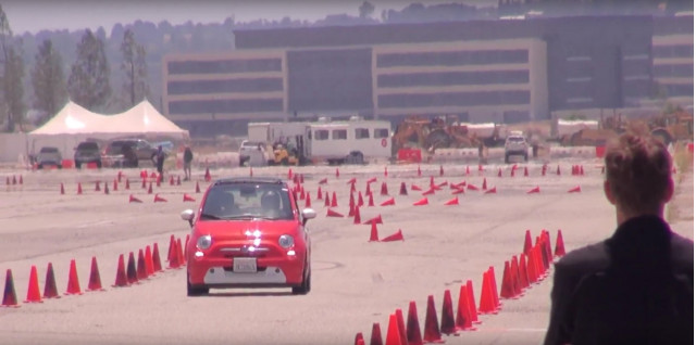 Andrea Kerr driving Fiat 500e electric car in autocross, Great Park, Irvine, Califronia, July 2017