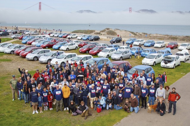 National Plug-In Day 2012: San Francisco, with 60 Nissan Leafs in front of the Golden Gate Bridge