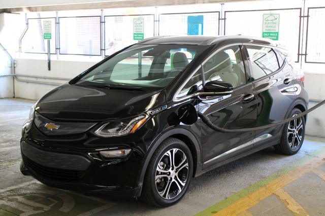 2017 Chevrolet Bolt EV electric car at EVgo fast-charging station, Newport Centre, Jersey City, NJ