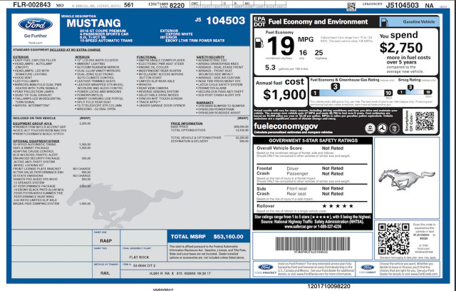 2018 Ford Mustang GT window sticker - Image via Mustang 6G