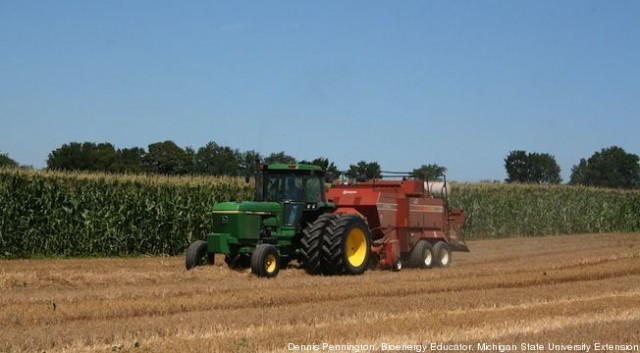 Big square baler harvesting wheat straw for production of cellulosic ethanol