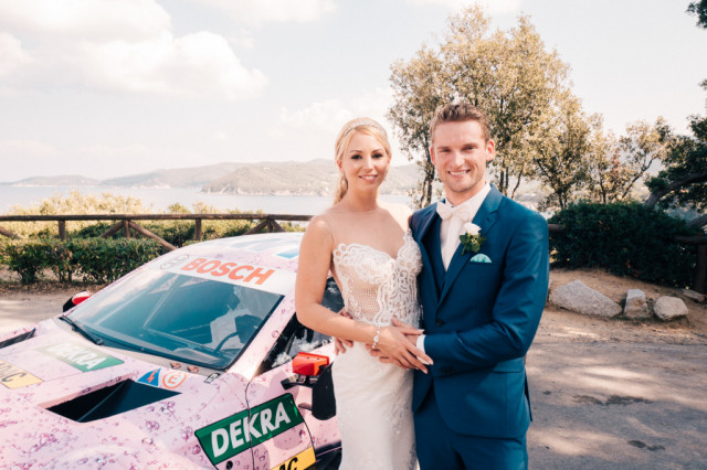 Marco Engel and his wife Steffi drove away from their wedding in a Mercedes-Benz DTM race car