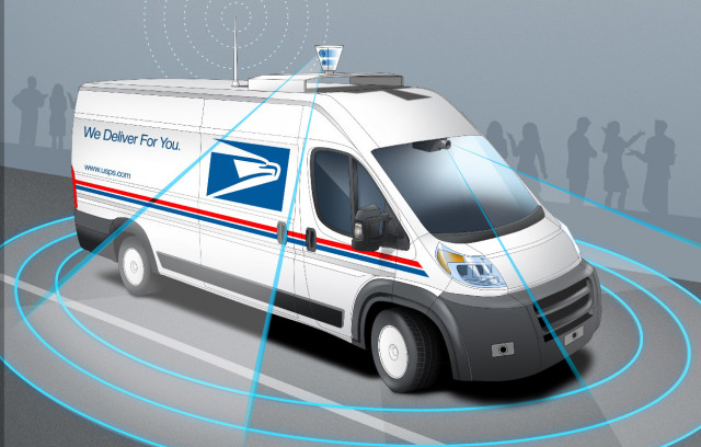 The United States Postal Service's rendering for a self-driving mail delivery truck