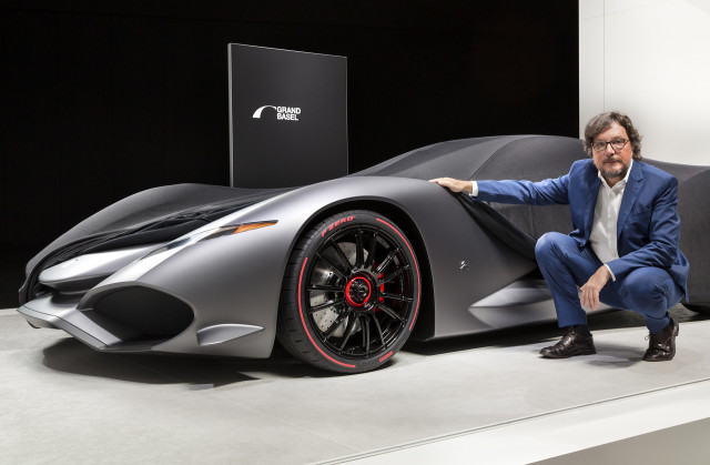 Andrea Zagato with the Zagato IsoRivolta Vision Gran Turismo concept, 2017 Grand Basel