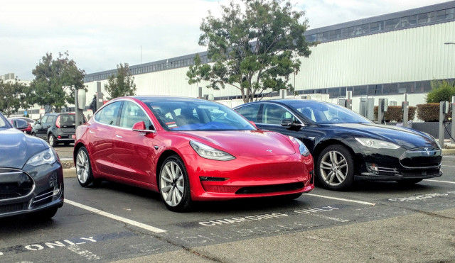 2017 Tesla Model 3 in Tesla assembly plant parking lot, Fremont, CA, November 2017