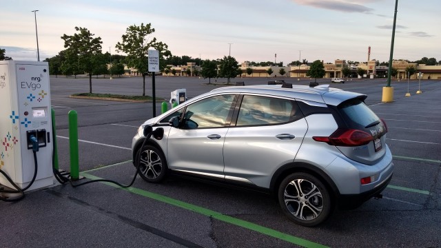 Chevy Bolt EV fast-charging at EVgo station before trip across Maryland [image: Brian Ro]