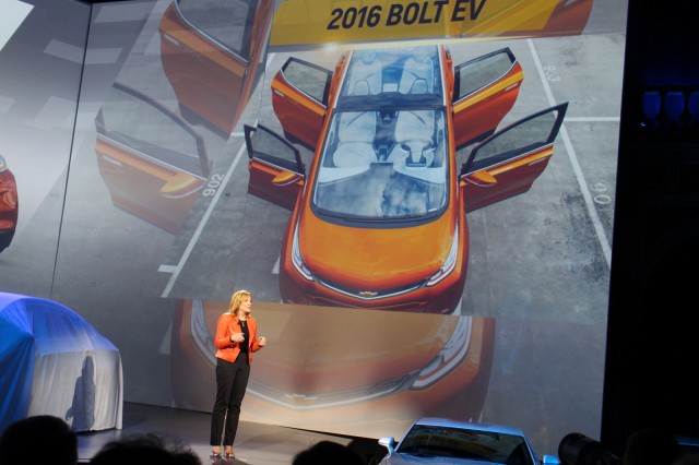GM CEO Mary Barra and Chevy Bolt EV electric car image at 2016 Chevrolet Cruze launch, Jun 2015