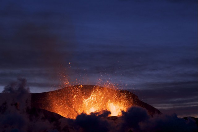 Iceland's Fimmvorduhals volcano erupts. Image: Henrik Thorburn  https://en.wikipedia.org/wiki/File:Fimmvorduhals_2010_03_27_dawn.jpg