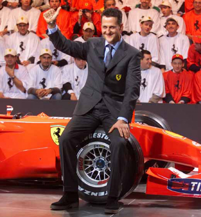 Michael Schumacher at the launch of the Ferrari F2001 Formula 1 race car