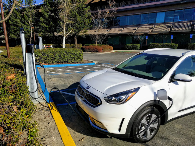 2018 Kia Niro Plug-In Hybrid charging at office park, Santa Cruz, California, Dec 2017
