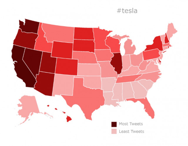 Geotagged tweets about Tesla, Oct 18-Nov 18, 2017, mapped by state [analysis: Gearheads.org]