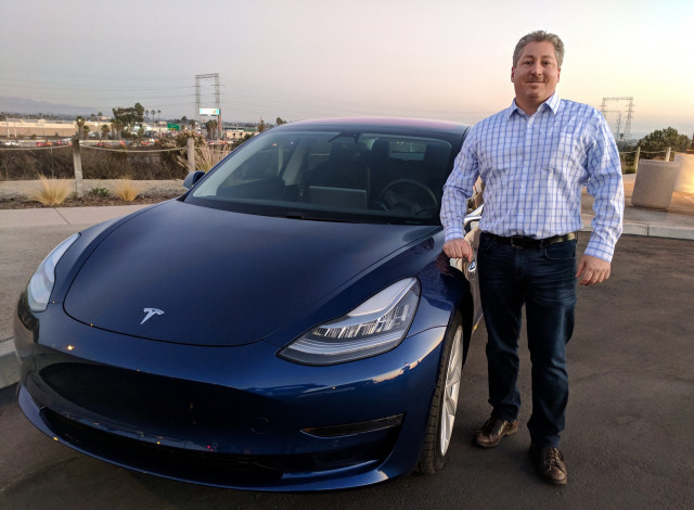 Tesla Model 3 with BMW i3 driver Tom Moloughney, Dec 2017 [photo: Tom Moloughney]