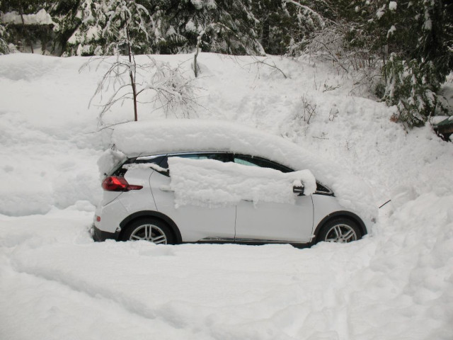2017 Chevrolet Bolt EV electric car after snowfall, Glacier National Park [photo: D Gadotti]