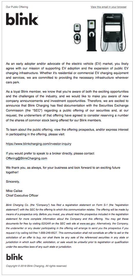 Information from electric-car charging company Blink Networks to members on stock purchase, Jan 2018
