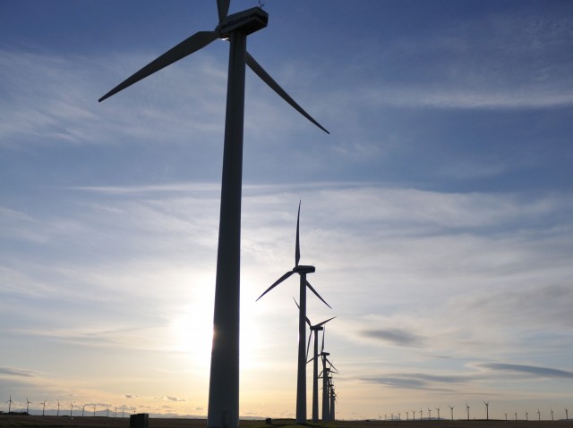 Wind farm outside Fort MacLeod, Alberta, Canada   [photographer: Joel Bennett]