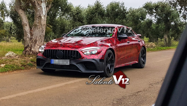 2019 Mercedes-AMG GT sedan in red wrap - Image via Salento V12 Facebook page