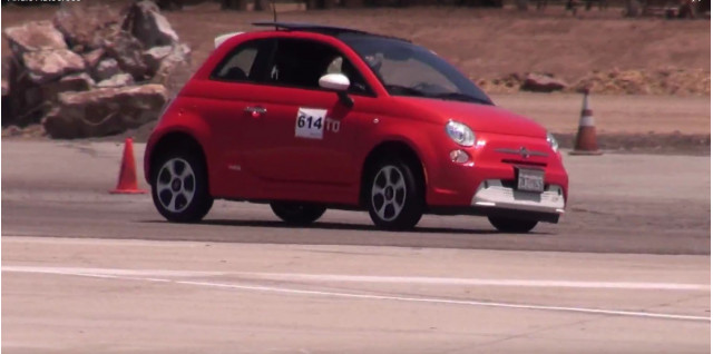 Andrea Kerr driving Fiat 500e electric car in autocross, Great Park, Irvine, Califronia, July 2017