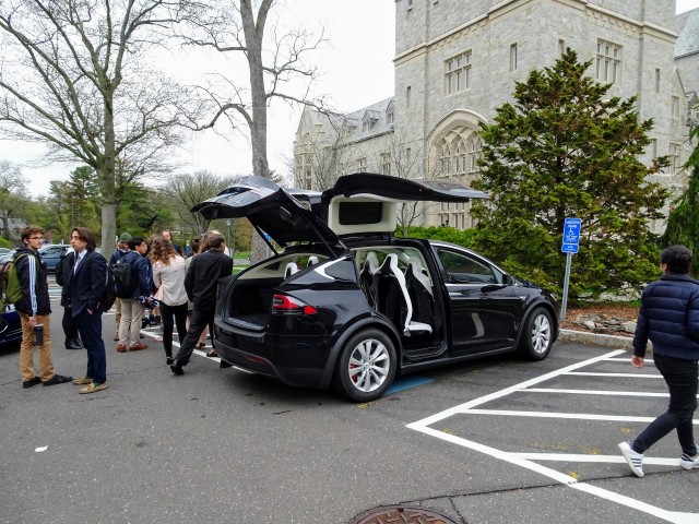 Tesla electric cars on exhibit outside UConn Conference on Climate, Carbon & Cars, Apr 2017