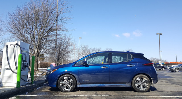 Two 2018 Nissan Leafs with EVgo fast charger at NJ Turnpike Joyce Kilmer travel plaza, Feb 2018