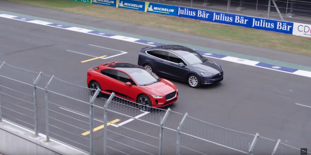 Drag race between 2019 Jaguar I-Pace and Tesla Model X 100D electric cars [video: Jaguar]