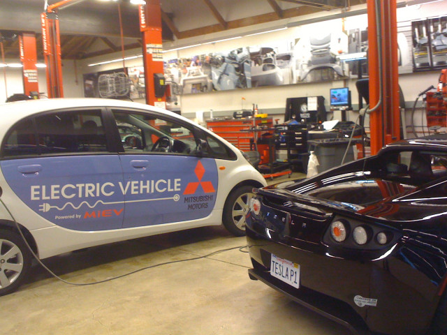 RHD Mitsubishi i-MiEV and Tesla Roadster electric cars, February 2010 [photo: Chelsea Sexton]