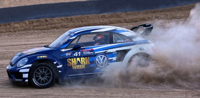 Scott Speed and his Shark Week-themed 2015 Volkswagen Beetle Global Rallycross Championship car