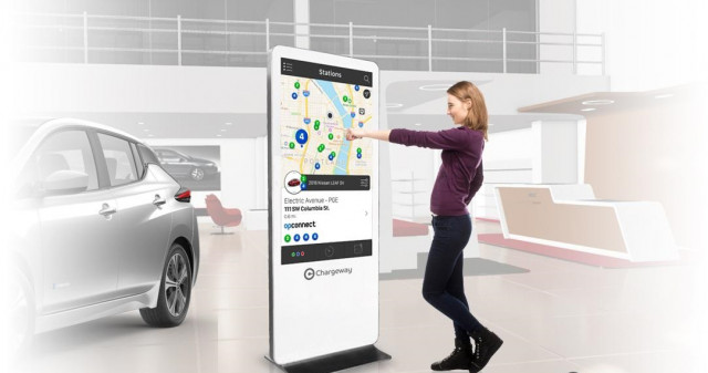 Mockup of Chargeway dealership kiosk to explain charging to electric-car shoppers, June 2018