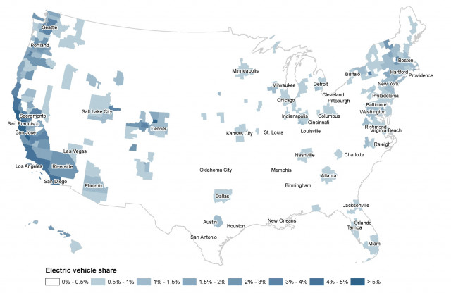 Concentrations of electric cars in top 50 U.S. cities [Source: ICCT]