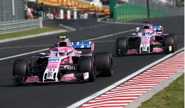 Force India's Esteban Ocon and Sergio Perez at the 2018 Formula 1 Hungarian Grand Prix