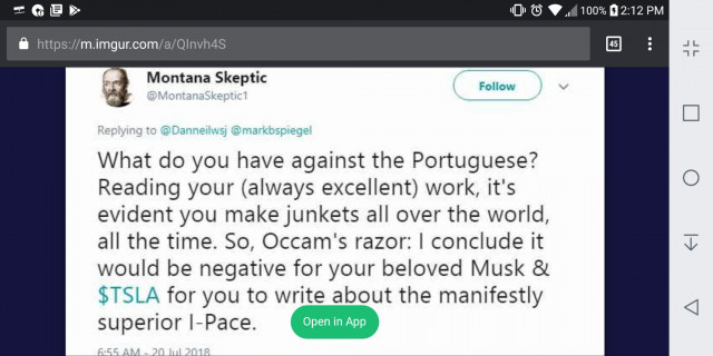 Montana Skeptic Tweet criticizing Dan Neil's Tesla Model 3 Performance review