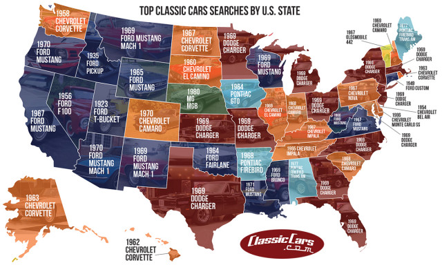 This map shows the classic cars searched for the most between June 2017 and June 2018. | ClassicCars