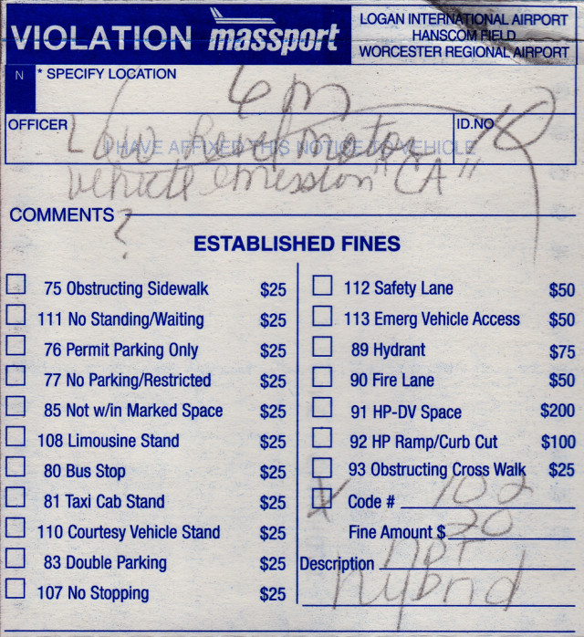John Briggs' parking ticket for parking his Zero Emissions Nissan Leaf in a 