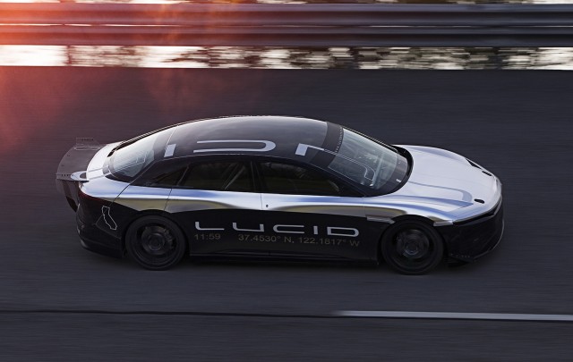 Lucid Air prototype during high-speed test at Transportation Research Center, Ohio