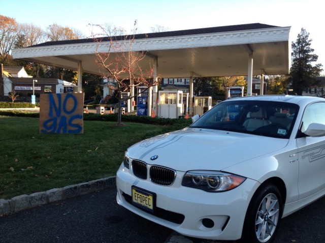 BMW ActiveE electric car at closed NJ gas station after Hurricane Sandy [photo: Tom Moloughney]
