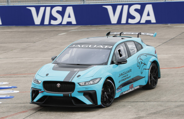 Jaguar I-Pace eTrophy race car dynamic debut during 2018 Formula E Berlin ePrix