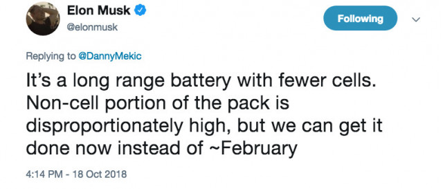 @elonmusk confirmation of mid range battery for Model 3