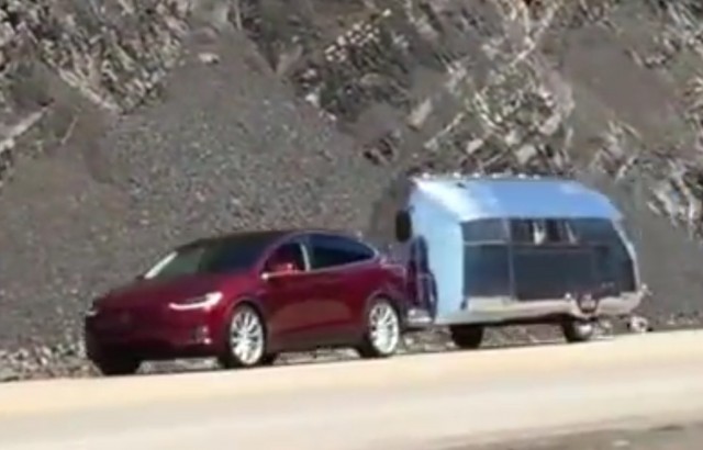Tesla Model X towing Bowlus Road Chief