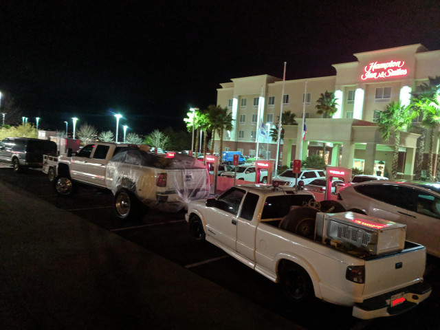 Trucks block Tesla Superchargers in at Hampton Inn, El Paso, Texas [CREDIT: RedfieldStandard, Reddit