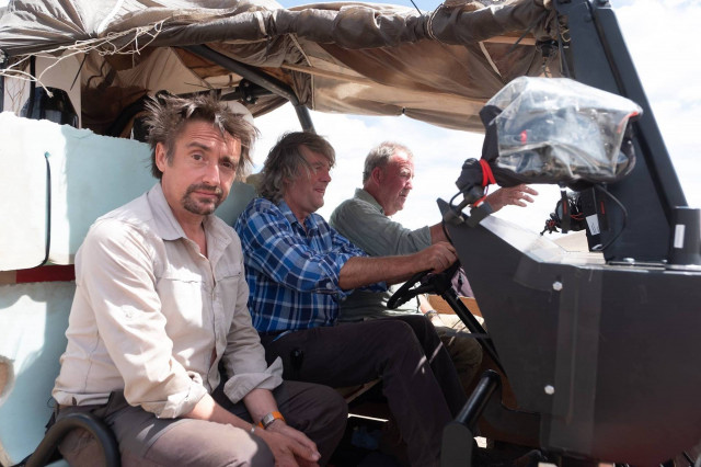 Scene from 'The Grand Tour' season three with Jeremy Clarkson, Richard Hammond, and James May