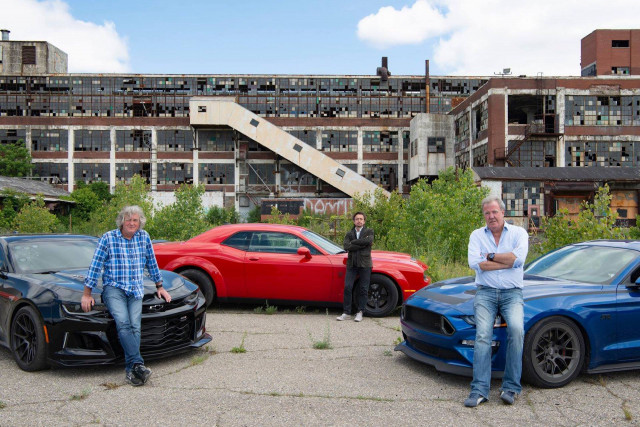 Scene from 'The Grand Tour' season three with Jeremy Clarkson, Richard Hammond, and James May
