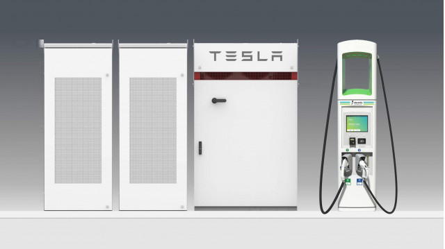 Graphic showing Electrify America DC fast chargers with Tesla Powerpack battery 