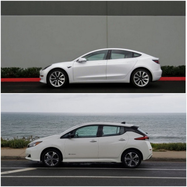 2019 Tesla Model 3 and 2019 Nissan Leaf Plus