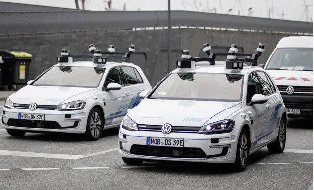 Volkswagen self-driving car prototype testing in Hamburg, Germany - April 3, 2019 Volkswagen self-driving car prototype testing in Hamburg, Germany - April 3, 2019