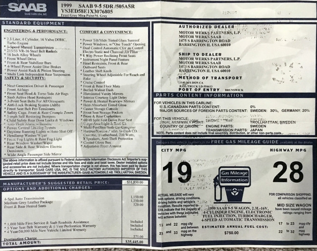 1999 Saab 9-5 Monroney label