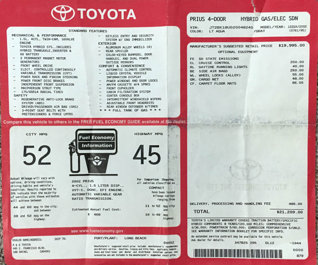 2002 Toyota Prius Monroney label