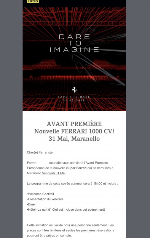 Invitation for Ferrari supercar reveal, May 31