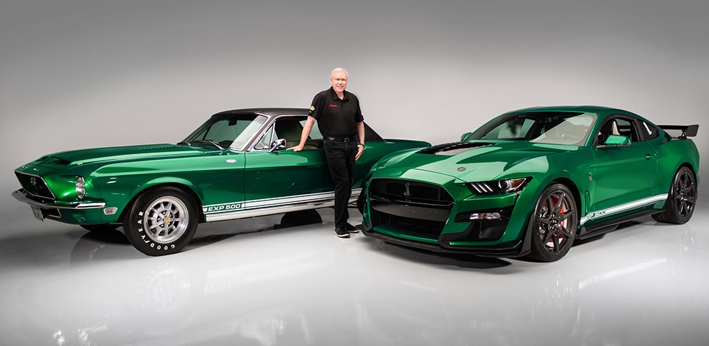 2020 Ford Mustang Shelby GT500 with VIN ending in 001 and the original Shelby “Green Hornet”