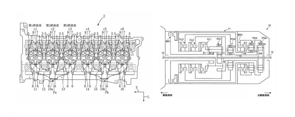 Patent drawings for Mazda inline-6 engine (left) and 8-speed automatic transmission