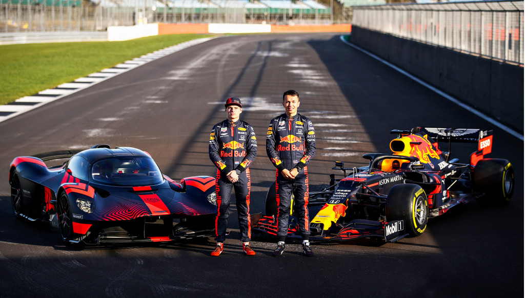 Red Bull Racing F1 drivers Max Verstappen (left) and Alex Albon test the Aston Martin Valkyrie