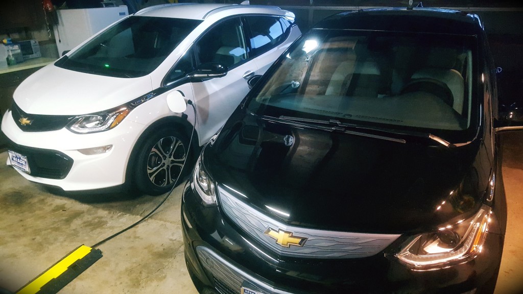 2017 Chevrolet Bolt EV electric cars charging in garage [photo: Patrick Reid]